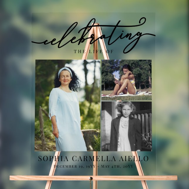 Celebrating the Life of 3 Photo Collage Acrylic Sign (Neutral)