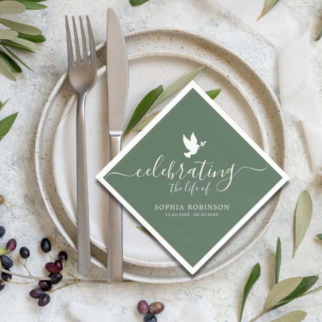 Celebrating The Life Sage Green Dove Funeral Napkin (Creator Uploaded)