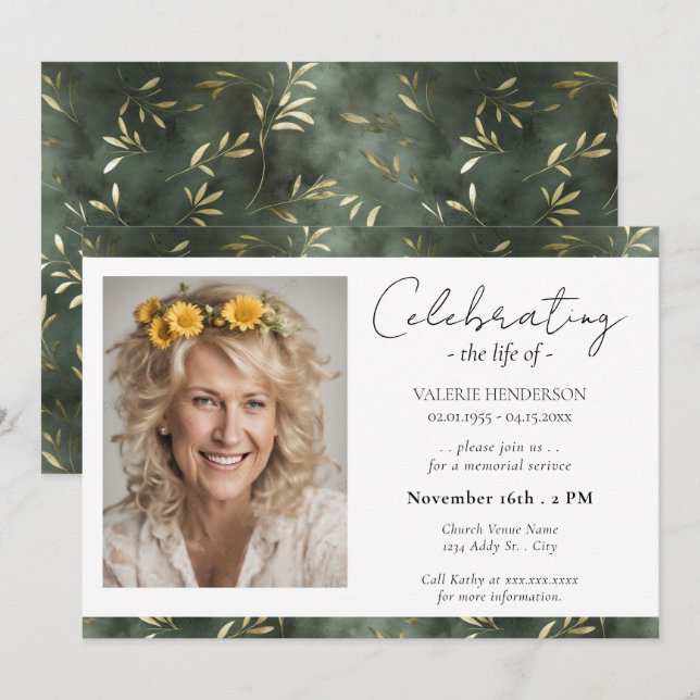 Celebrating the Life Service Of Olive Leaf Photo  Invitation (Front/Back)