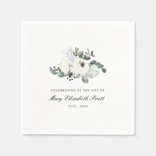 Celebrating the Life White Floral Funeral Napkin (Front)