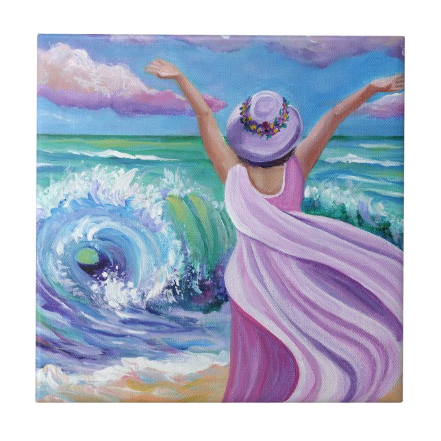 Celebrating Woman on the Beach Ceramic Tile (Front)