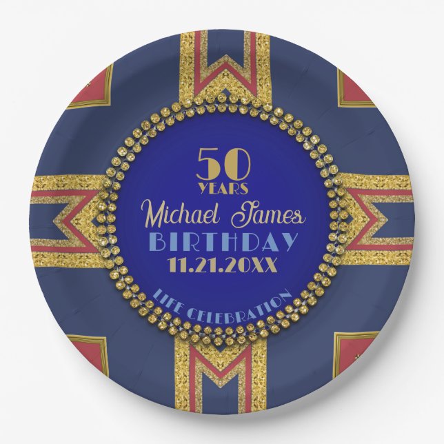 Celebration Birthday Party Patriot Red Gold Blue Paper Plate (Front)