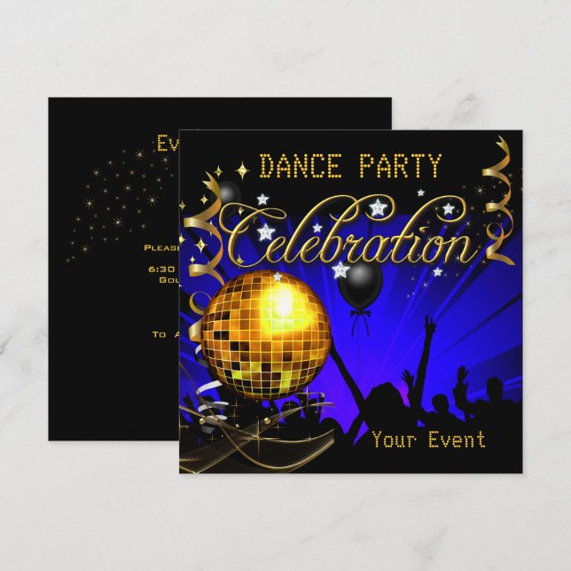 Celebration Blue Gold Dance Party Disco Ball Invitation (Front/Back)