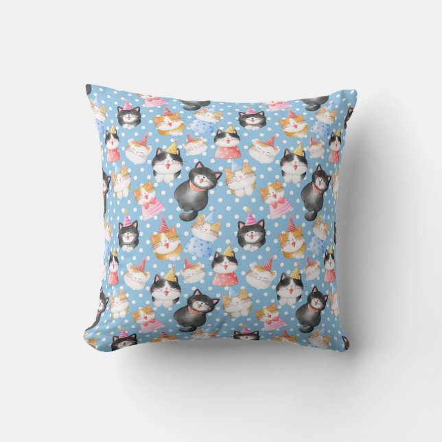 Celebration Cats on Blue Polka Dots Cushion (Front)