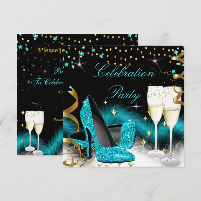 Celebration Champagne Party Teal Blue High Heels Invitation (Front/Back)