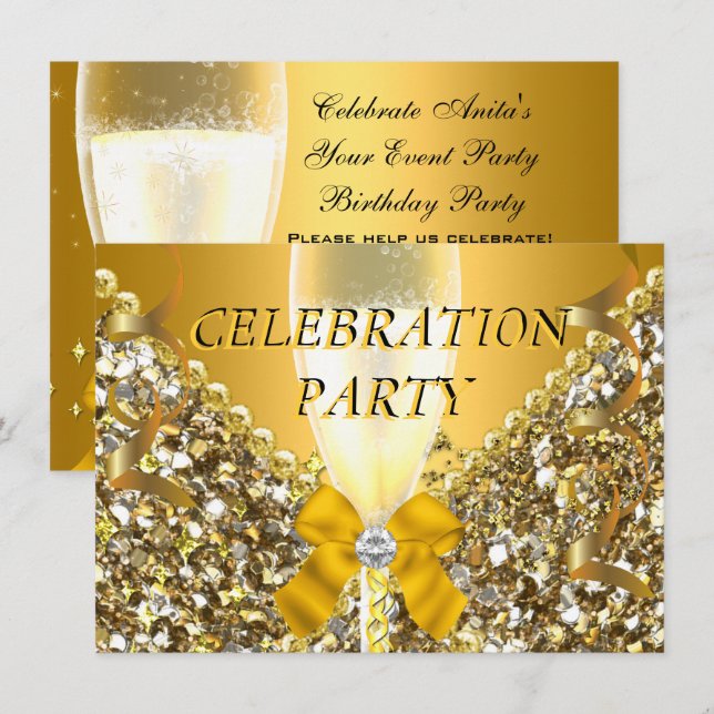CELEBRATION Glitter Gold Silver Champagne Party Invitation (Front/Back)