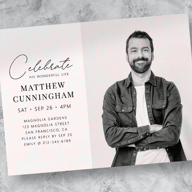 Celebration His Wonderful Life Modern Simple Photo Invitation Postcard (Creator Uploaded)