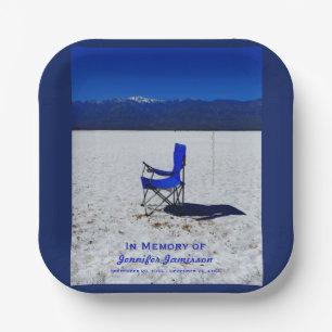 Celebration Life Blue Chair in White Sand Paper Plate
