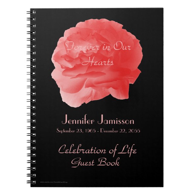 Celebration Life Guest Book Coral Pink Rose spiral (Front)