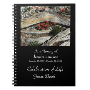 Celebration Life Guest Book, Red Flowers Wood Notebook