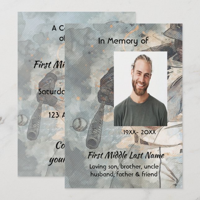 Celebration Life Service Memorial Baseball Player Invitation (Front/Back)