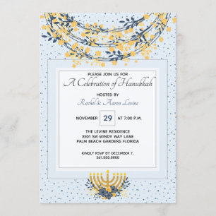 Celebration of Hanukkah Gold Flowers & Navy Blue Invitation