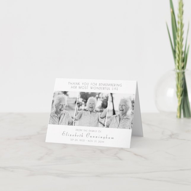 Celebration of Her Life Modern Simple Three Photos Thank You Card (Front)