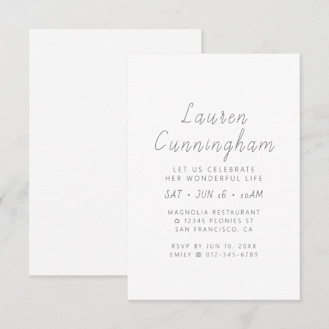 Celebration of Her Wonderful Life Modern Simple Invitation (Front/Back)