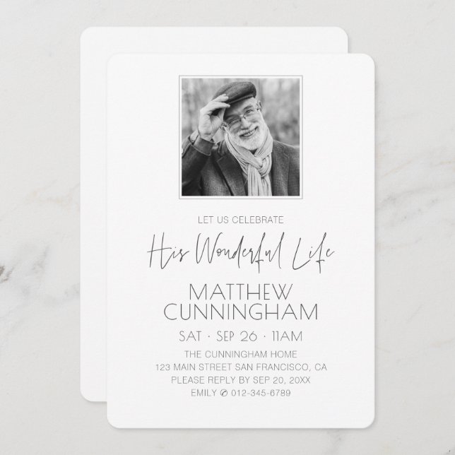 Celebration of His Life Memorial Modern Photo Invitation (Front/Back)