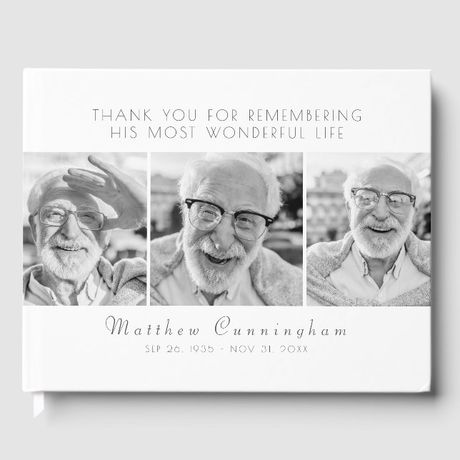 Celebration of His Life Modern Simple Three Photos Guest Book (Front)