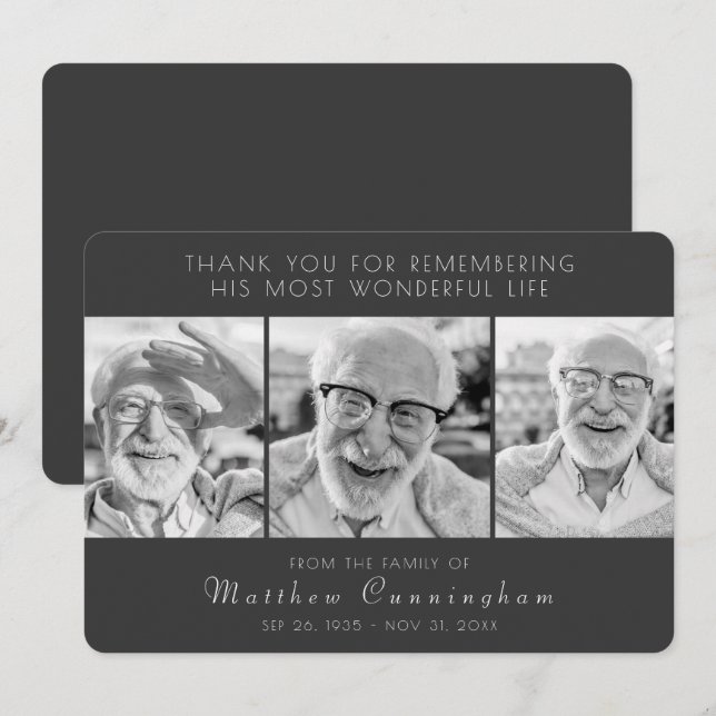 Celebration of His Life Modern Simple Three Photos Thank You Card (Front/Back)