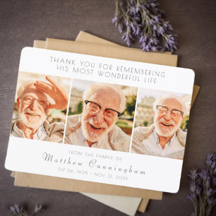 Celebration of His Life Modern Simple Three Photos Thank You Card