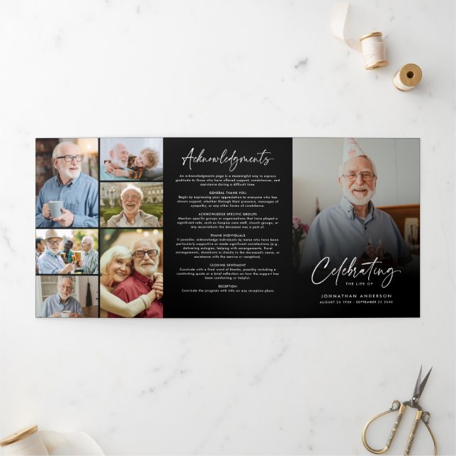 Celebration of Life 10-Photo Black & White Funeral Tri-Fold Programme (Outside)