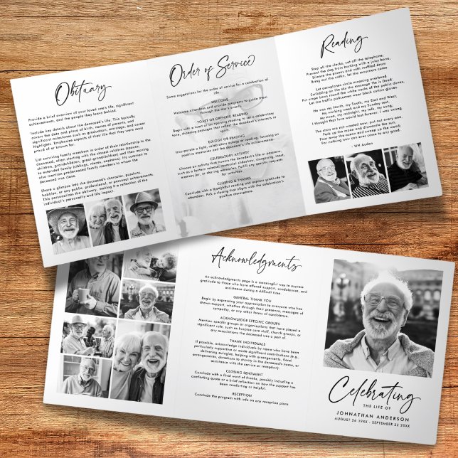 Celebration of Life 14-Photo Black & White Funeral Tri-Fold Programme (Creator Uploaded)