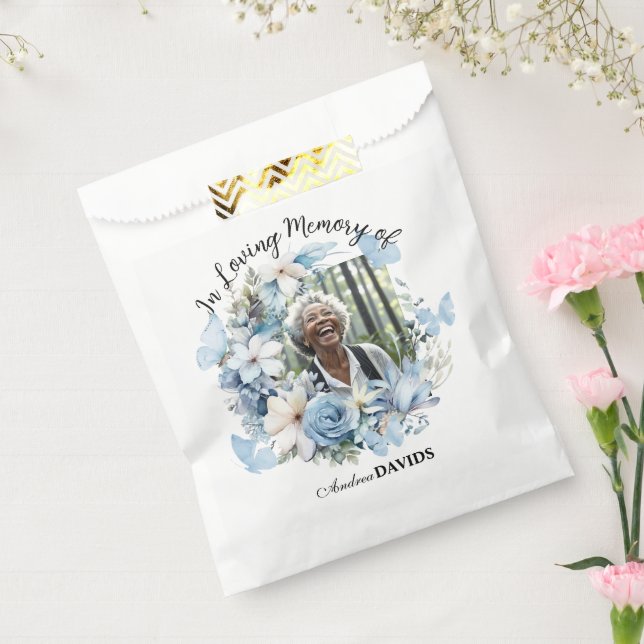 Celebration Of Life 1 Photo Funeral Blue Floral Favour Bags (Sealed)
