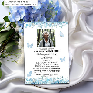 Celebration Of Life 1 Photo Funeral Blue Floral Invitation