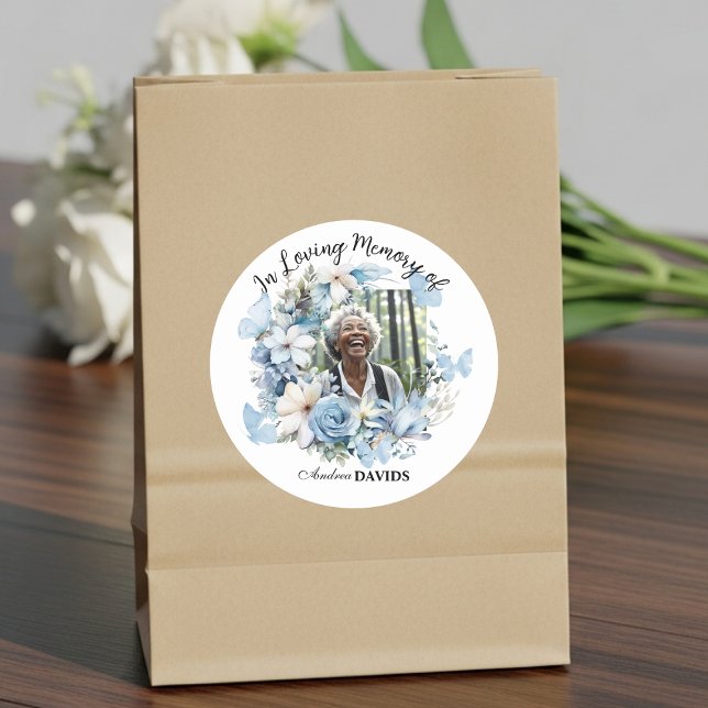 Celebration Of Life 1 Photo Garland Blue Floral  Classic Round Sticker (Creator Uploaded)