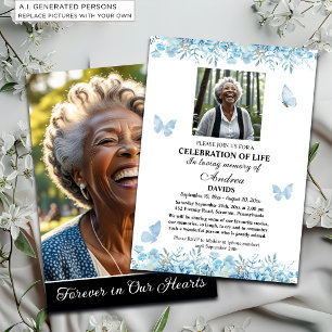 Celebration Of Life 2 Photos Funeral Blue Floral Invitation
