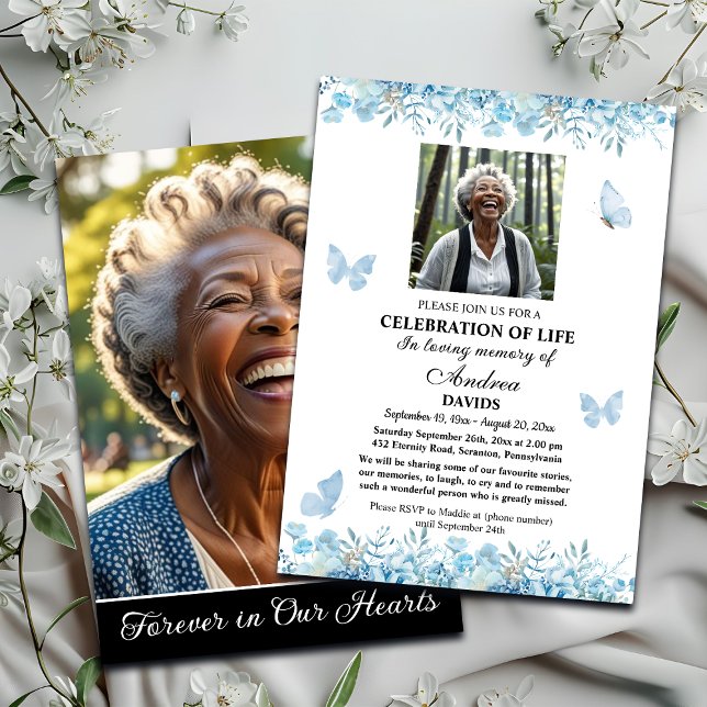 Celebration Of Life 2 Photos Funeral Blue Floral Invitation (Creator Uploaded)