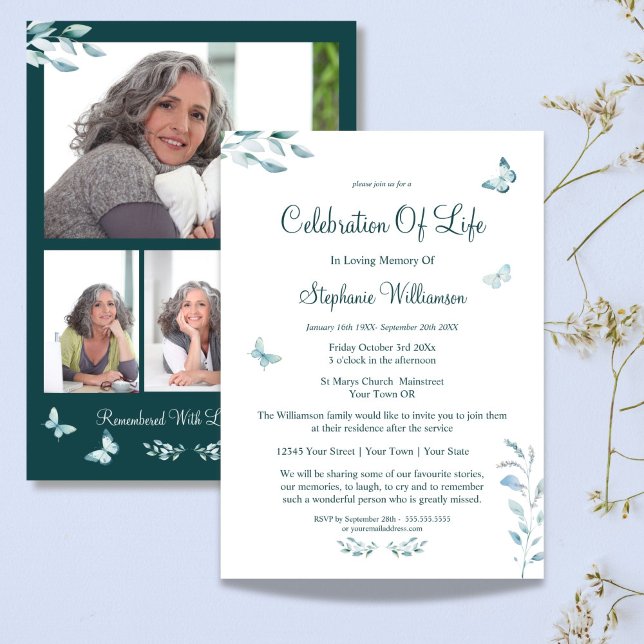 Celebration of Life 4 Photo Butterfly Funeral  Invitation (Creator Uploaded)