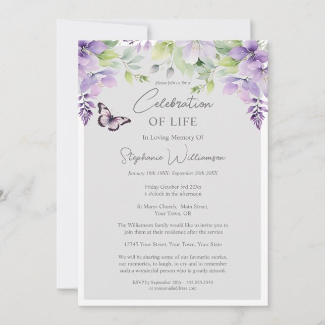 Celebration of Life 4 Photo Purple Floral Funeral  Invitation (Front)