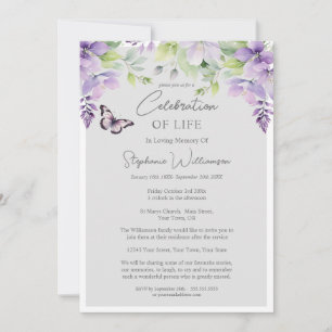 Celebration of Life 4 Photo Purple Floral Funeral  Invitation