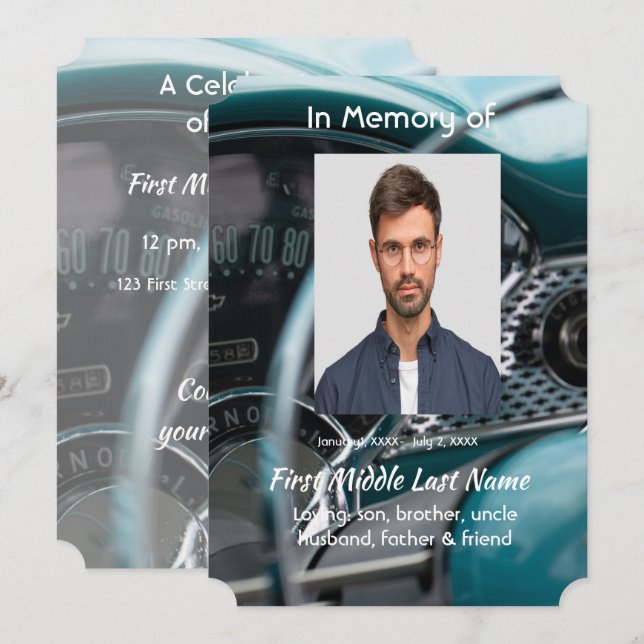 Celebration of Life  Antique Cars Auto Vehicles Invitation (Front/Back)