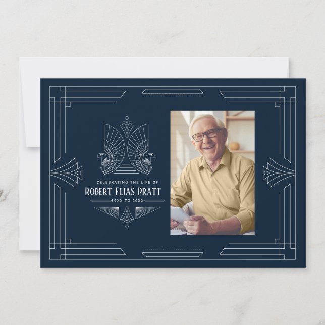 Celebration of Life Art Deco Eagle Photo Masculine Invitation (Front)
