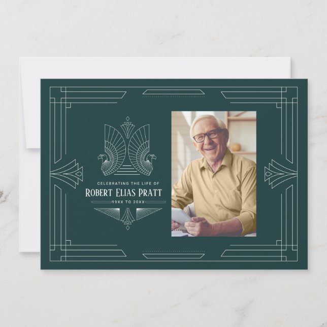 Celebration of Life Art Deco Eagle Photo Masculine Invitation (Front)