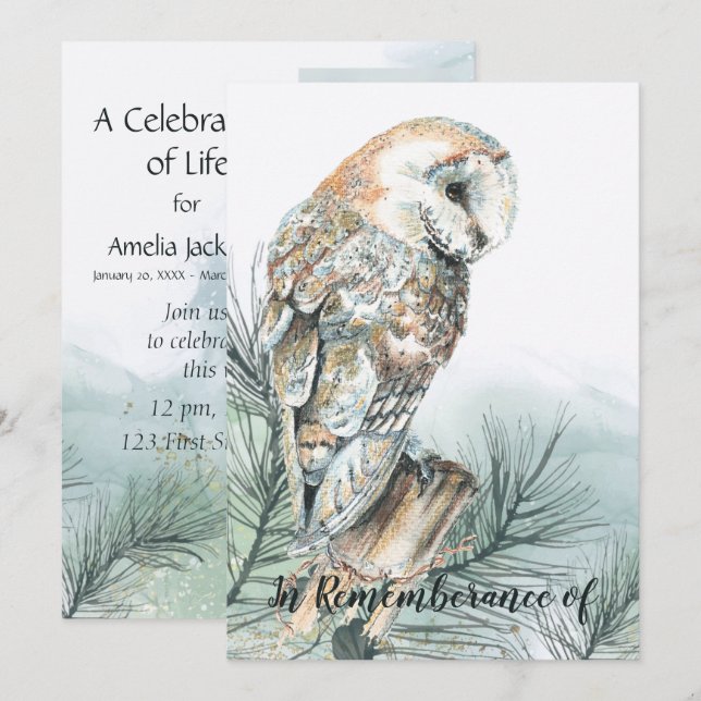 Celebration of Life Barn Owl  Invitation (Front/Back)