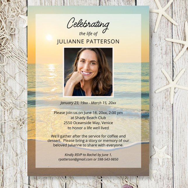 Celebration of Life Beach Themed Photo Funeral Invitation (Creator Uploaded)