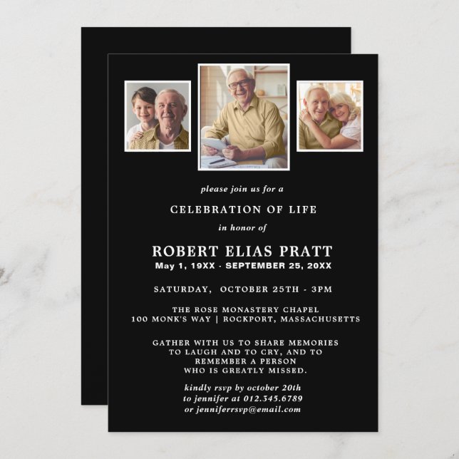 Celebration of Life Black White 3 Photo Invitation (Front/Back)