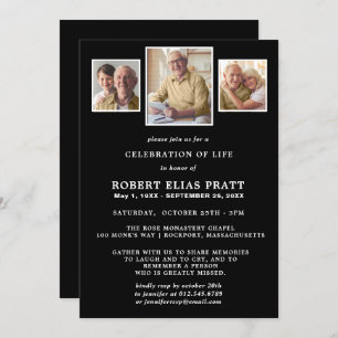 Celebration of Life Black White 3 Photo Invitation
