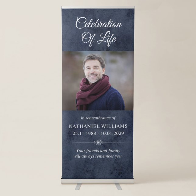 Celebration Of Life Blue Personalised Men Photo Retractable Banner (Front)