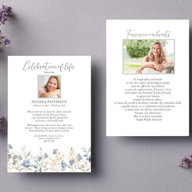Celebration of Life Blue Wildflowers Funeral Photo Invitation (Creator Uploaded)