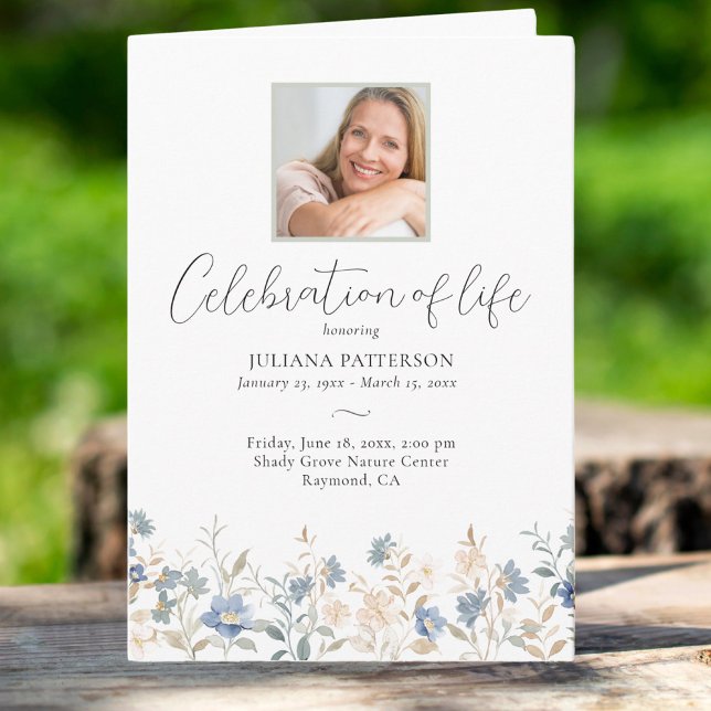 Celebration of Life Blue Wildflowers Funeral Photo Programme (Creator Uploaded)