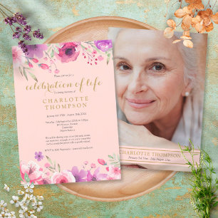 Celebration of Life Blush Pink Gold Floral Photo Invitation