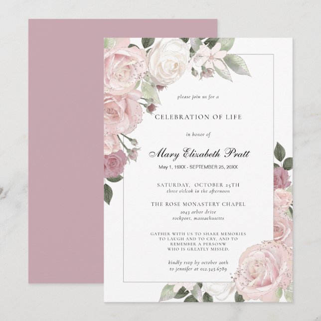 Celebration of Life Blush Pink Rose Rustic Floral Invitation (Front/Back)