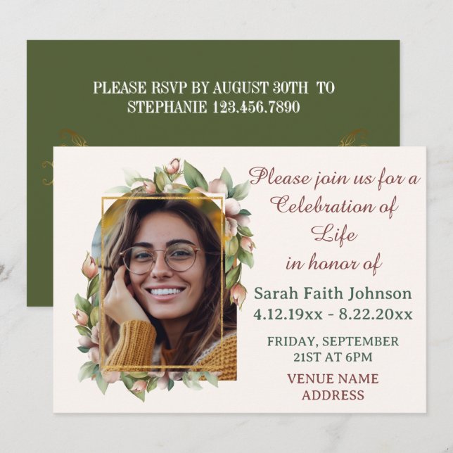 Celebration of Life Boho Floral Arch Photo Funeral Save The Date (Front/Back)