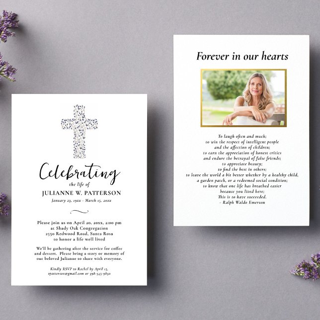 Celebration of Life, Botanical Cross, Funeral Invitation (Creator Uploaded)