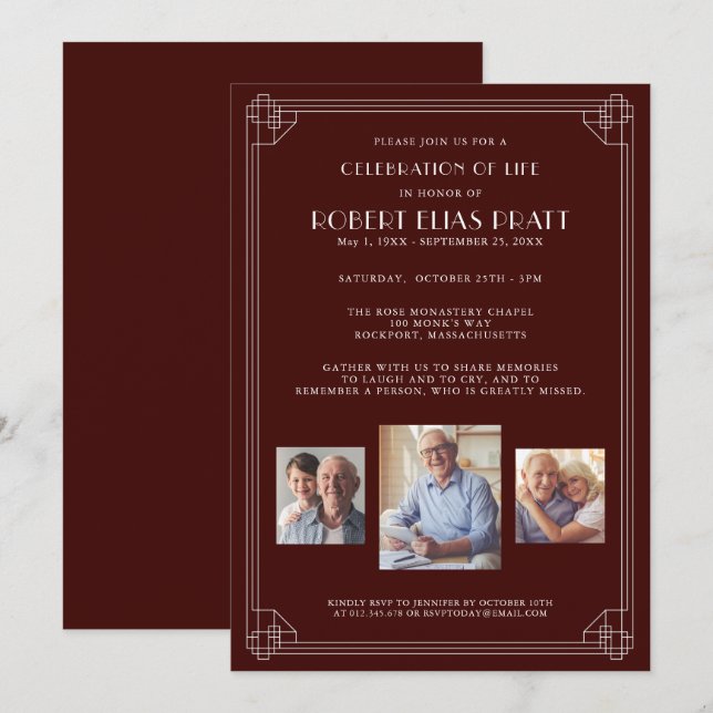 Celebration of Life Burgundy Red White 3 Photo Invitation (Front/Back)