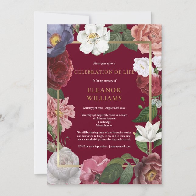 Celebration of Life Burgundy Roses Floral Invitation (Front)