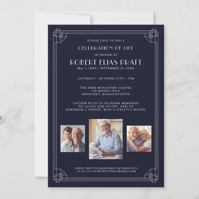 Celebration of Life Dark Blue White 3 Photo Invita Invitation (Front)
