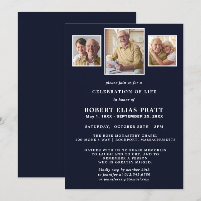Celebration of Life Dark Blue White 3 Photo Invitation (Front/Back)